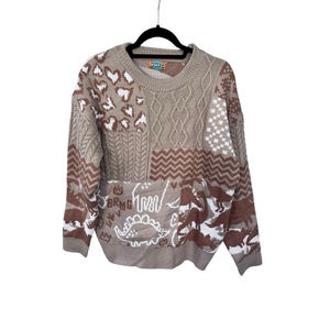 YWFG Vintage Dinosaur Cable Knit Tan Sweater Women's Size Medium Camo Cheetah